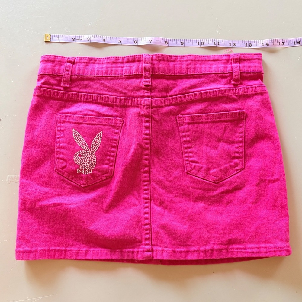 Y2K Playboy Pink Denim Mini Skirt Rhinestone Bunny Logo Fuchsia Mini Skirt #14